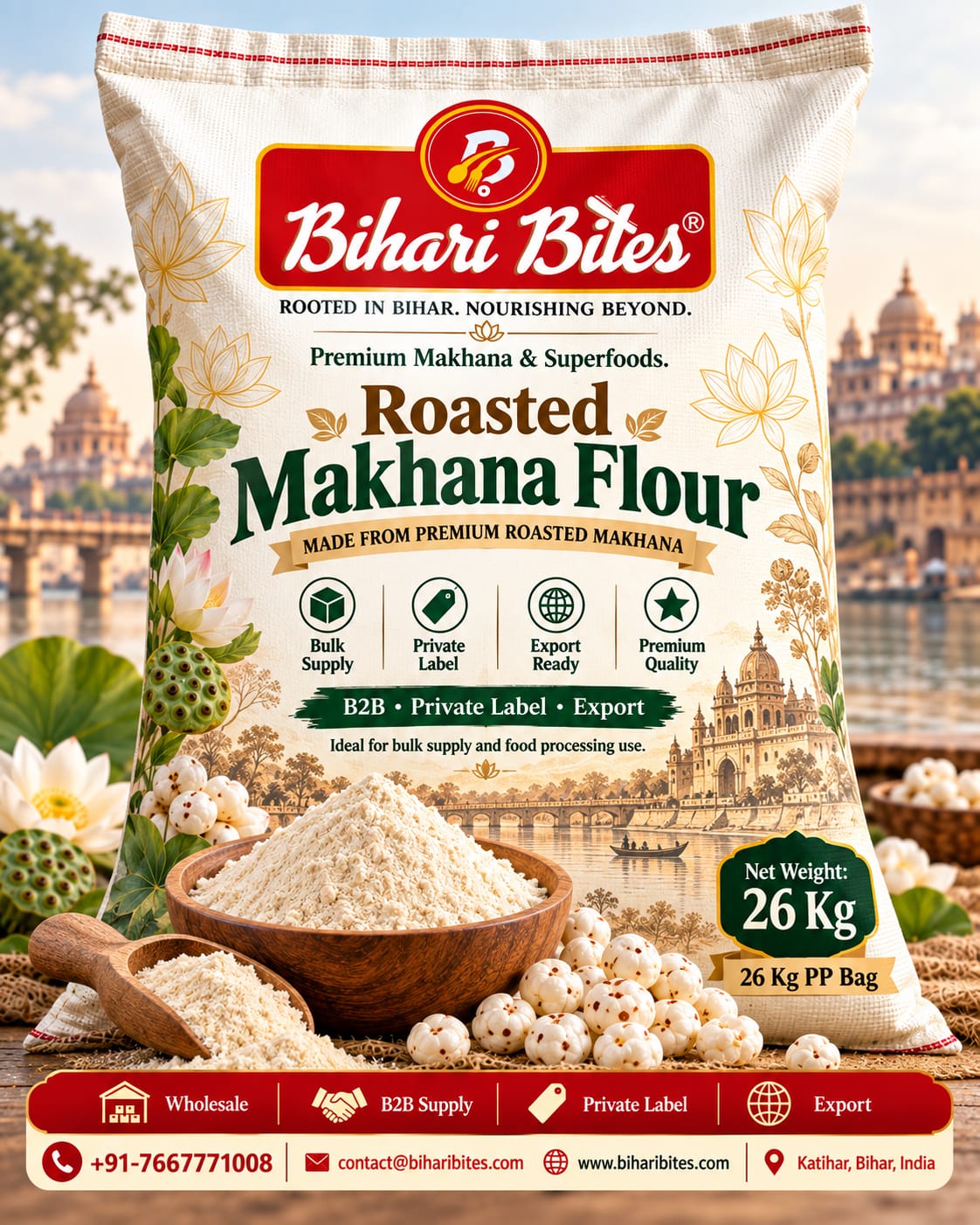 Roasted Makhana Flour (26 Kg PP Bag — B2B Wholesale / Export)